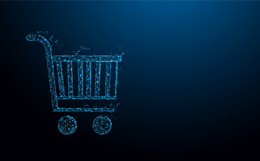 Animierter Einkaufswagen auf dunkelblauem Hintergrund
